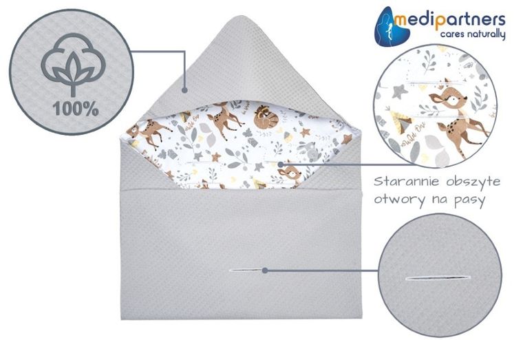 Medi Partners, Jelonki, otulacz do nosidełka, kocyk z kapturkiem, wafel, 85-85 cm