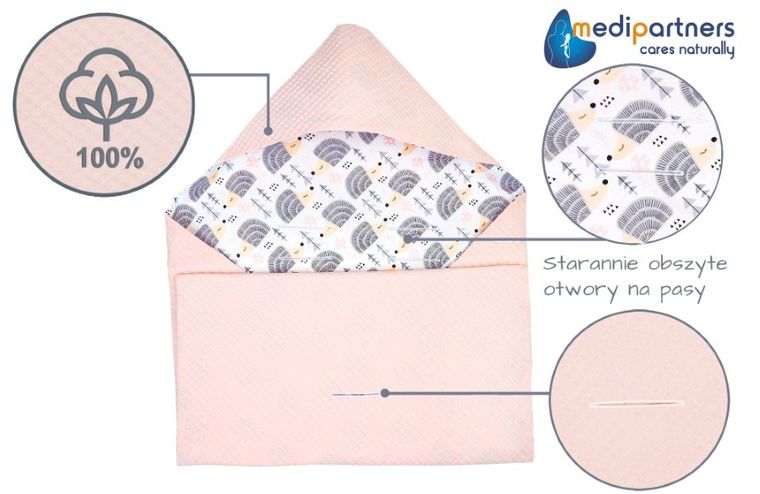 Medi Partners, Jeże, otulacz do nosidełka, kocyk z kapturkiem, wafel, róż, 85-85 cm