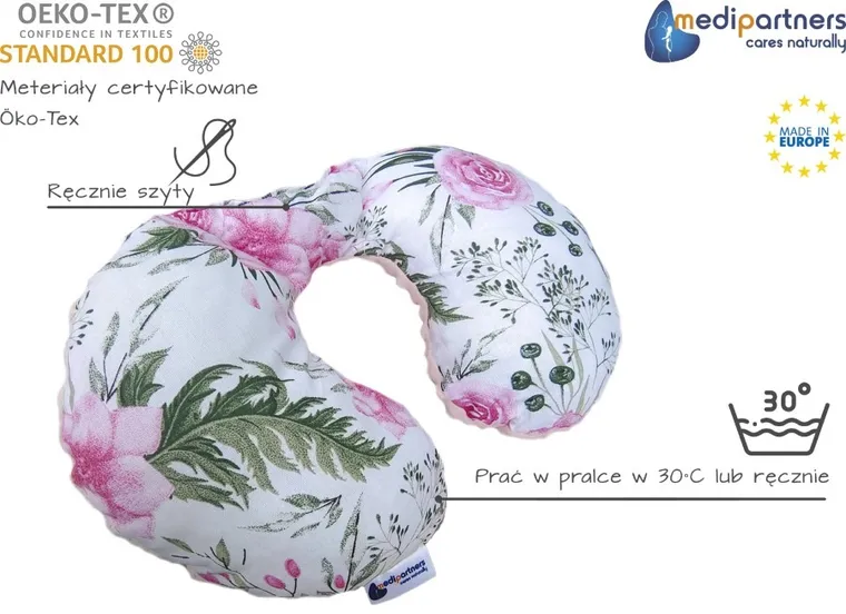 Medi Partners, Kwiaty, poduszka podróżna, rogal, różowa