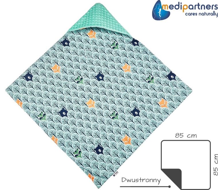 Medi Partners, Las, otulacz do nosidełka z kapturkiem, minky, miętowy, 85-85 cm