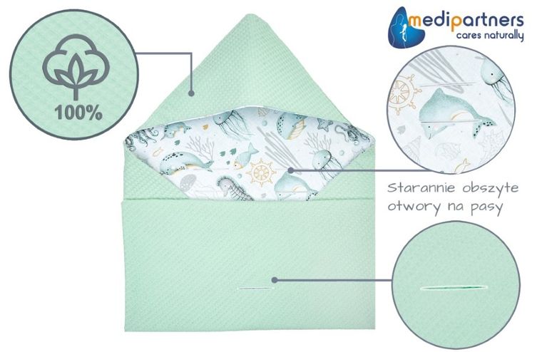 Medi Partners, Ocean, otulacz do nosidełka, kocyk z kapturkiem, wafel, 85-85 cm