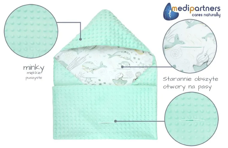 Medi Partners, Ocean, otulacz do nosidełka z kapturkiem, minky, miętowy, 85-85 cm