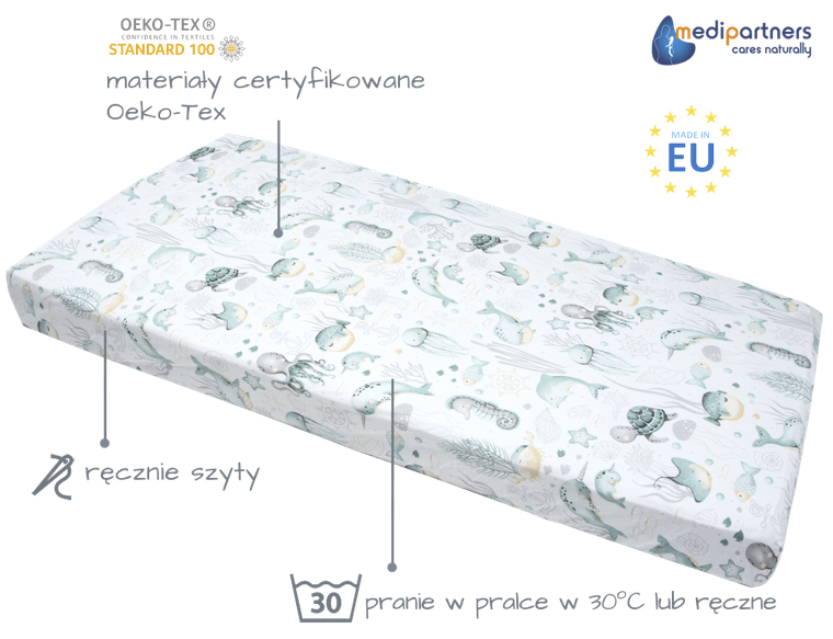 Medi Partners, Ocean, prześcieradło z gumką do łóżeczka, bawełniane, 120-60 cm, 3 szt.