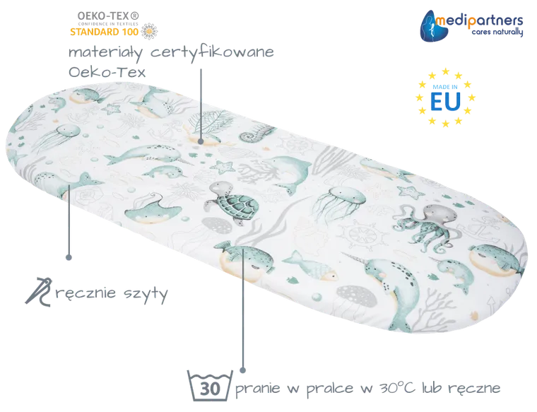 Medi Partners, Ocean, prześcieradło z gumką do łóżeczka, bawełniane, 86-40 cm, 3 szt.