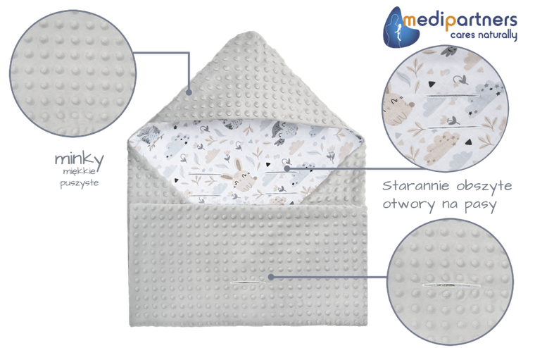 Medi Partners, Polana, otulacz do nosidełka z kapturkiem, minky, szary, 85-85 cm