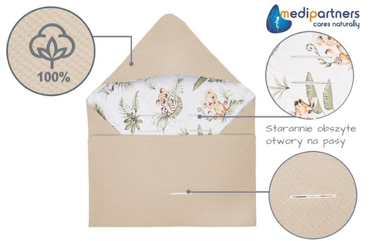 Medi Partners, Safari, otulacz do nosidełka, kocyk z kapturkiem, wafel, 85-85 cm