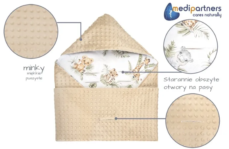 Medi Partners, Safari, otulacz do nosidełka z kapturkiem, minky, beżowy, 85-85 cm