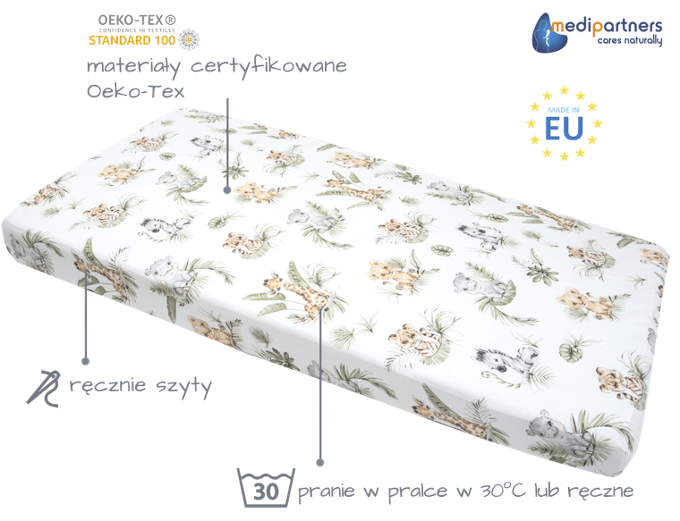 Medi Partners, Safari, prześcieradło z gumką do łóżeczka, bawełniane, 120-60 cm, 3 szt.
