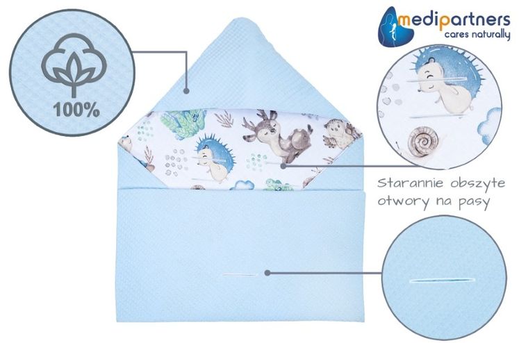 Medi Partners, Sarny, Jeż, otulacz do nosidełka, kocyk z kapturkiem, wafel, 85-85 cm