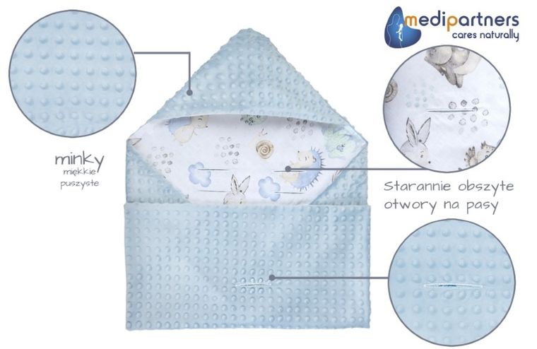 Medi Partners, Sarny, Jeż, otulacz do nosidełka z kapturkiem, minky, błękit, 85-85 cm