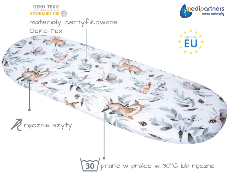 Medi Partners, Sarny, Liście, Jeż, prześcieradło z gumką do łóżeczka, bawełniane, 86-40 cm, 3 szt.