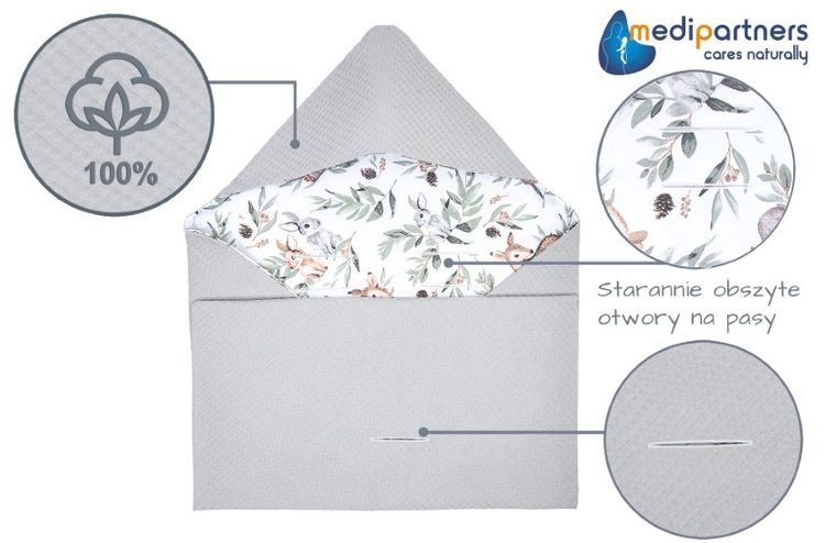 Medi Partners, Sarny, Liście, otulacz do nosidełka, kocyk z kapturkiem, wafel, 85-85 cm