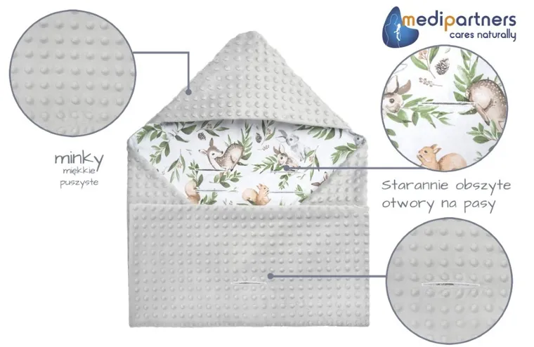 Medi Partners, Sarny, Liście, otulacz do nosidełka z kapturkiem, minky, szary, 85-85 cm