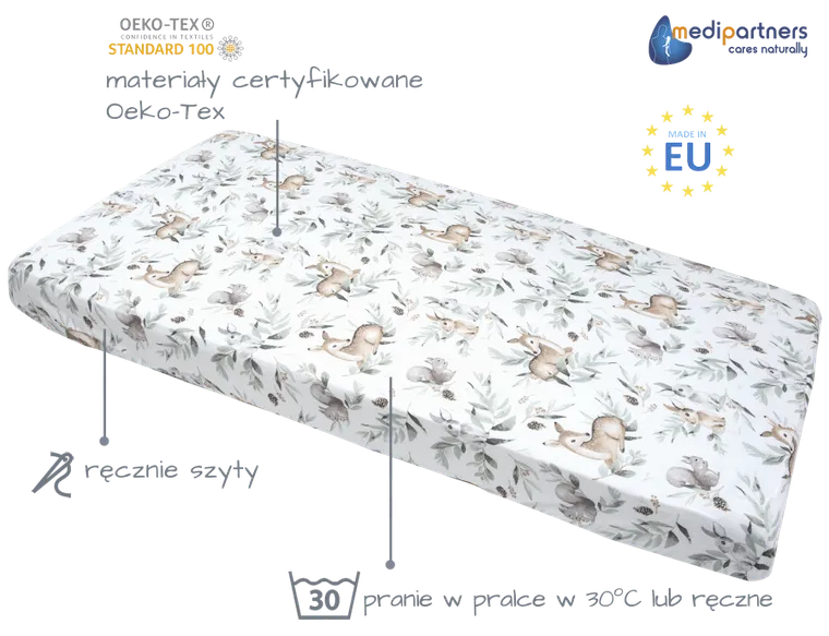 Medi Partners, Sarny, Liście, prześcieradło z gumką do łóżeczka, bawełniane, 120-60 cm, 3 szt.