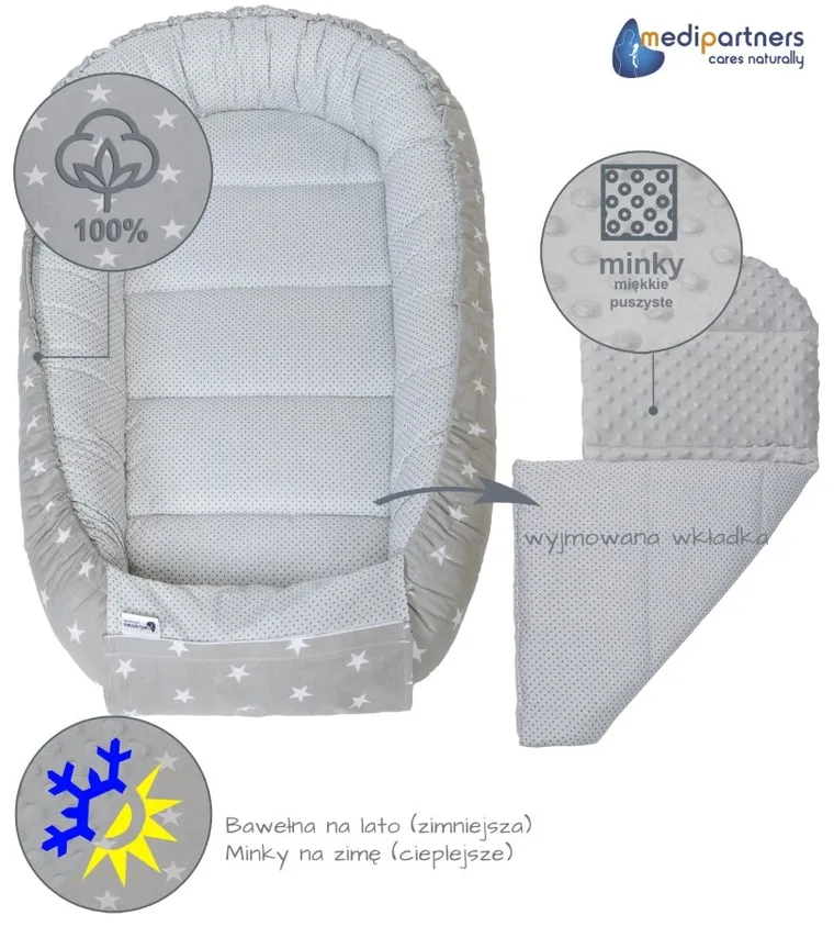 Medi Partners, Stars, gniazdo niemowlęce, kokon w zestawie, szary