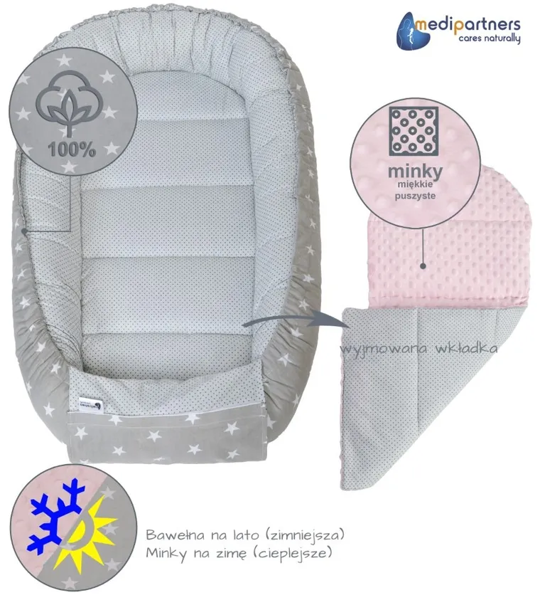 Medi Partners, Stars, gniazdo niemowlęce, kokon w zestawie, szary, jasnoróżowy