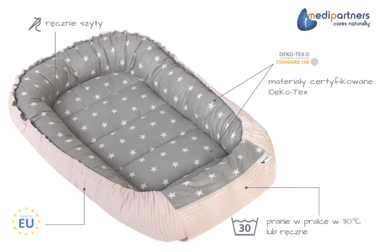 Medi Partners, Stars, gniazdo niemowlęce, kokon, wafel, szary, róż