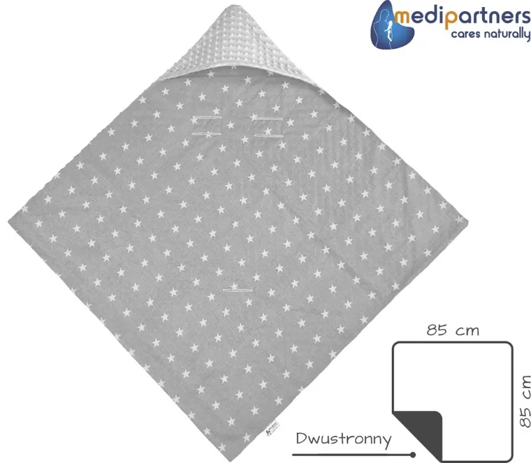 Medi Partners, Stars, otulacz do nosidełka z kapturkiem, minky, szary, 85-85 cm