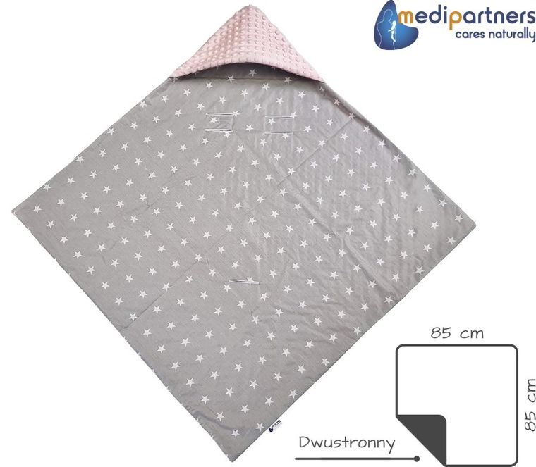 Medi Partners, Stars, otulacz do nosidełka z kapturkiem, minky, szary, jasny różowy, 85-85 cm