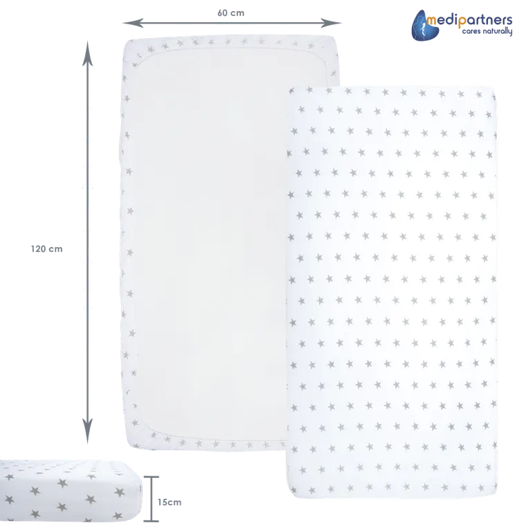 Medi Partners, Stars, prześcieradło z gumką, białe, 60-120 cm