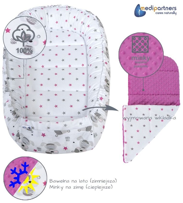 Medi Partners, Teddy, gniazdo niemowlęce, kokon solo, ciemny róż
