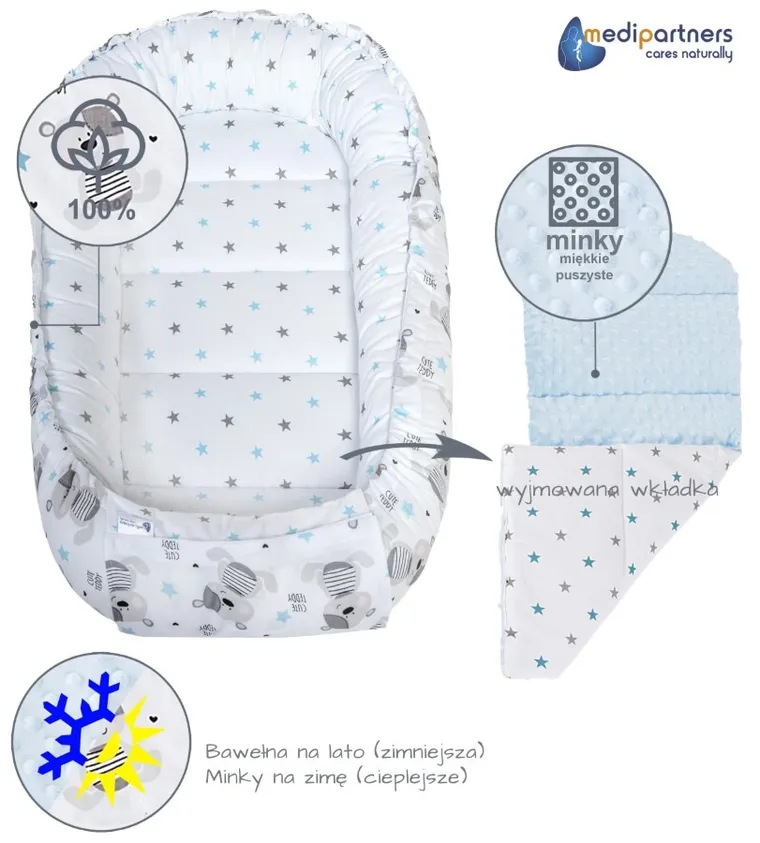 Medi Partners, Teddy, gniazdo niemowlęce, kokon w zestawie, jasnoniebieski