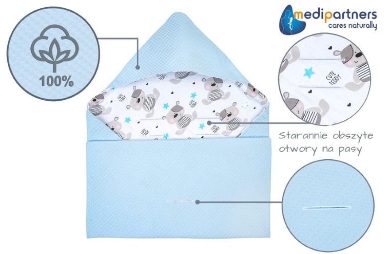 Medi Partners, Teddy, otulacz do nosidełka, kocyk z kapturkiem, wafel, 85-85 cm