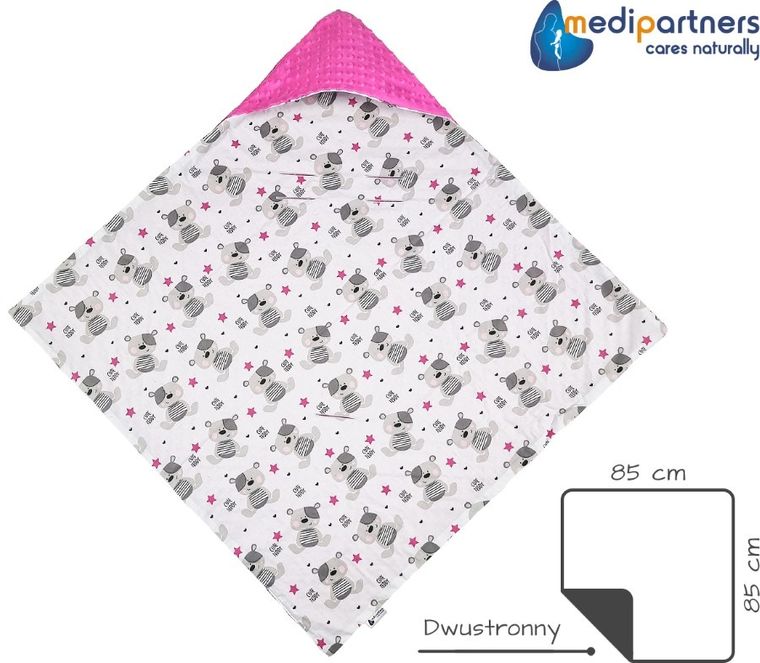 Medi Partners, Teddy, otulacz do nosidełka z kapturkiem, minky, ciemny różowy, 85-85 cm