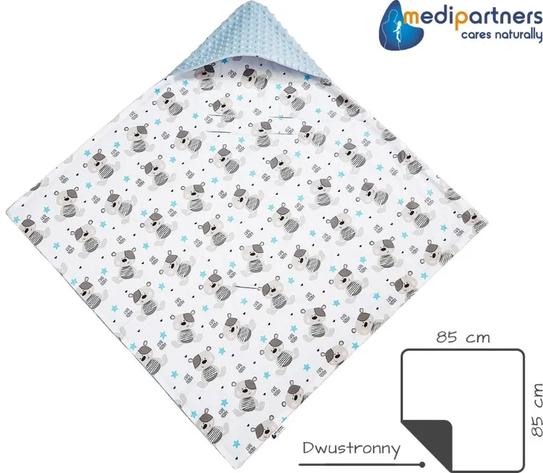 Medi Partners, Teddy, otulacz do nosidełka z kapturkiem, minky, jasny niebieski, 85-85 cm