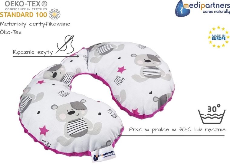 Medi Partners, Teddy, poduszka podróżna, rogal, różowa