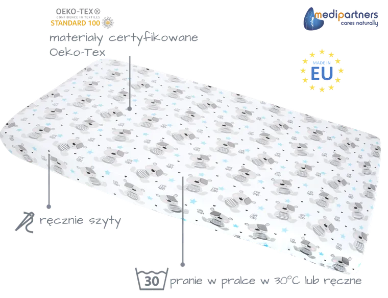 Medi Partners, Teddy, prześcieradło z gumką do łóżeczka, bawełniane, 120-60 cm, 3 szt.