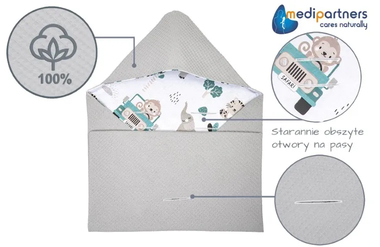 Medi Partners, Zoo, otulacz do nosidełka, kocyk z kapturkiem, wafel, 85-85 cm