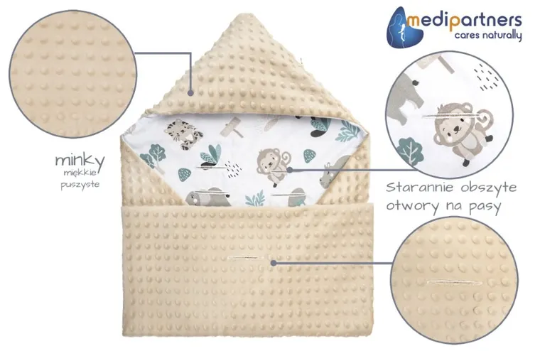 Medi Partners, Zoo, otulacz do nosidełka z kapturkiem, minky, miętowy, 85-85 cm