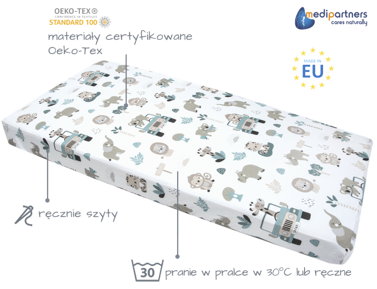 Medi Partners, Zoo, prześcieradło z gumką do łóżeczka, bawełniane, 120-60 cm, 3 szt.