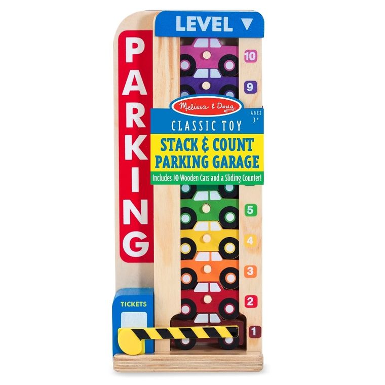 Melissa & Doug, drewniany parking i 10 samochodów, zestaw