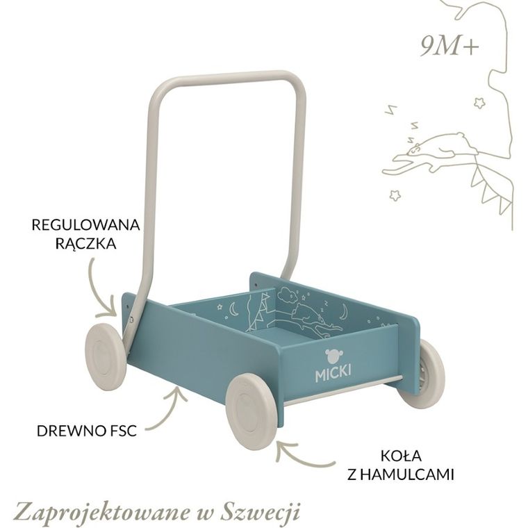 Micki, chodzik drewniany, niebieski