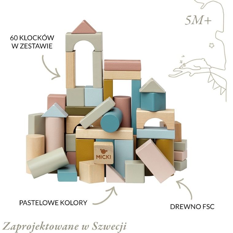 Micki, klocki drewniane, pastelowe, 60 szt.