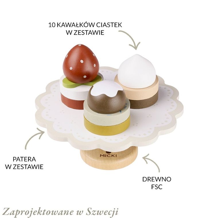 Micki, patera z ciastkami, drewniana, 10 elementów