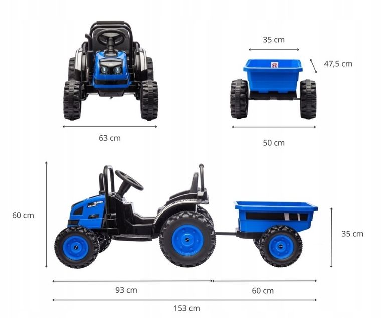 Milly Mally, Traktor, pojazd na akumulator z przyczepą, niebieski