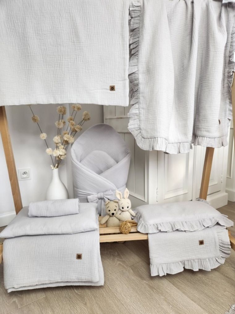 MimiNu, 2-częściowy komplet pościeli z wypełnieniem, całoroczny, muślin bawełniany, szary, 60-70 cm + 40-30 cm