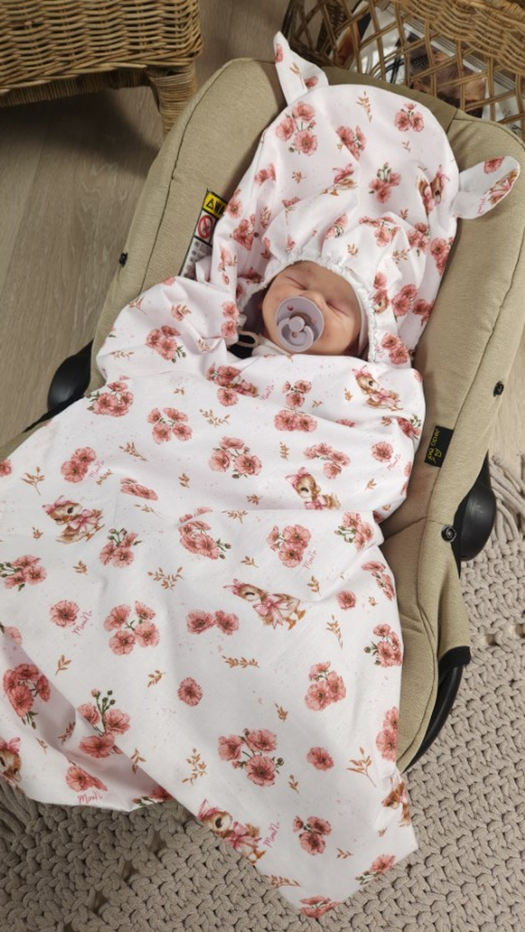 MimiNu, Kaczuszki, otulak, śpiworek do fotelika z kapturkiem, pudrowy róż