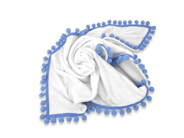 MimiNu, kocyk z pomponami, polar, biały + błękitne pompony, 75-100 cm