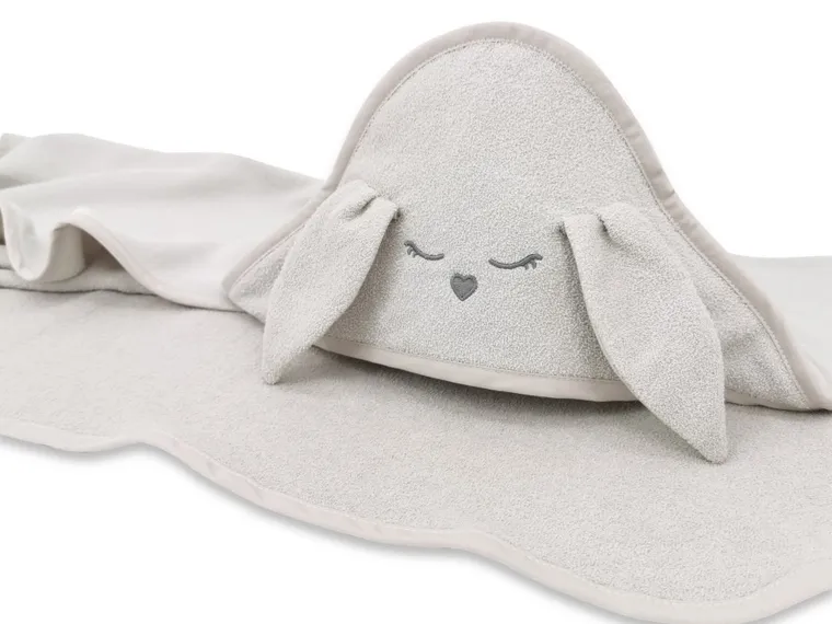 MimiNu, Króliczek, okrycie kąpielowe z haftem i uszami, termofrotte, beż, 100-100 cm