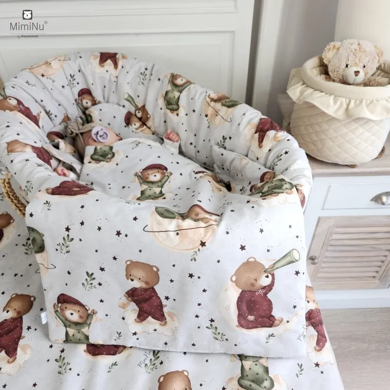 MimiNu, Miś na Księżycu, zestaw: uniwersalny ochraniacz do gondoli/kosza Mojżesza, materac, poduszka