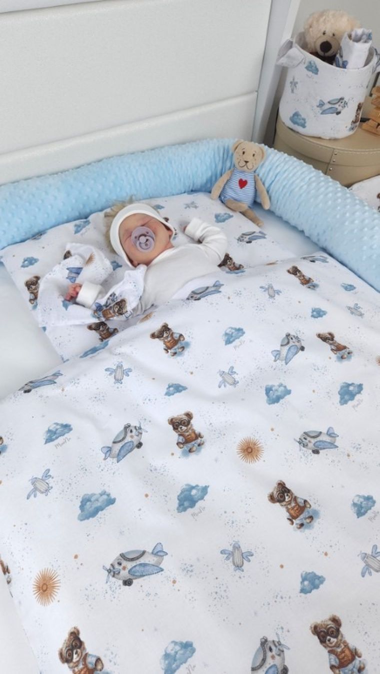 MimiNu, Misie, 2-częściowy komplet pościeli z wypełnieniem, błękit, 100-75 cm