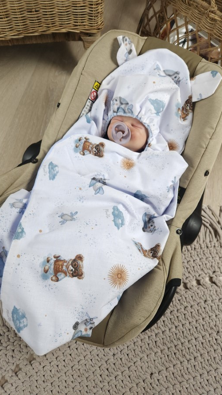 MimiNu, Misie, otulak, śpiworek do fotelika z kapturkiem, błękit