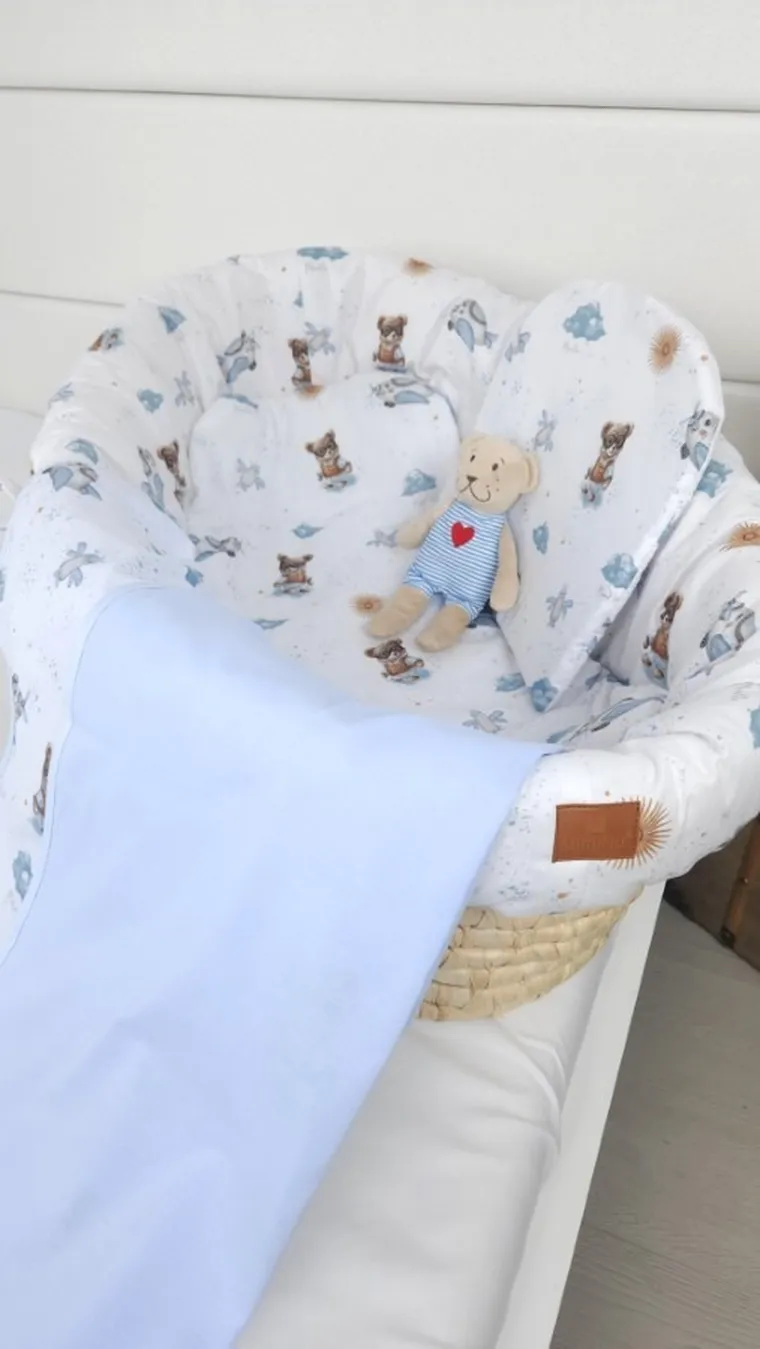 MimiNu, Misie, prześcieradło do gondoli/kosza Mojżesza, błękit, 35-80 cm