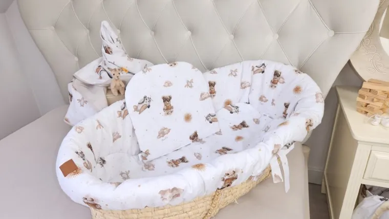 MimiNu, Misie, zestaw do gondoli/kosza Mojżesza: ochraniacz, poduszka, materac, beż