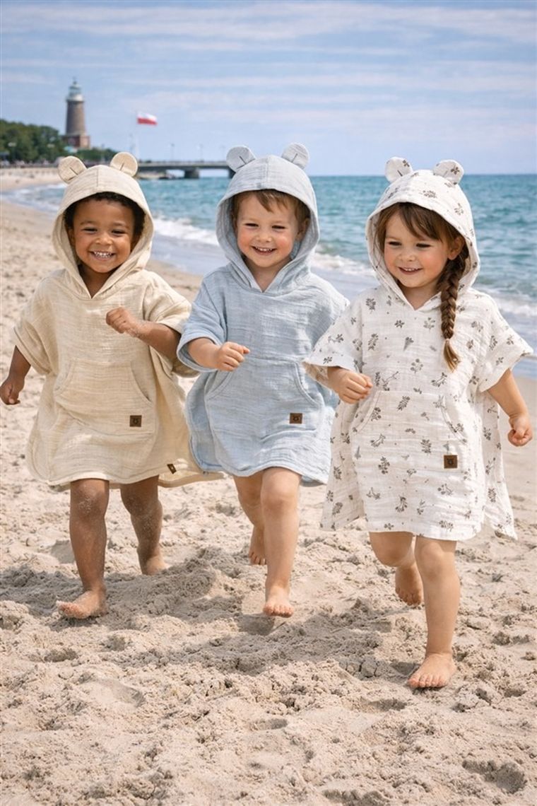 MimiNu, muślinowe ponczo plażowe, szybkoschnące, listki beż, 4-7 l