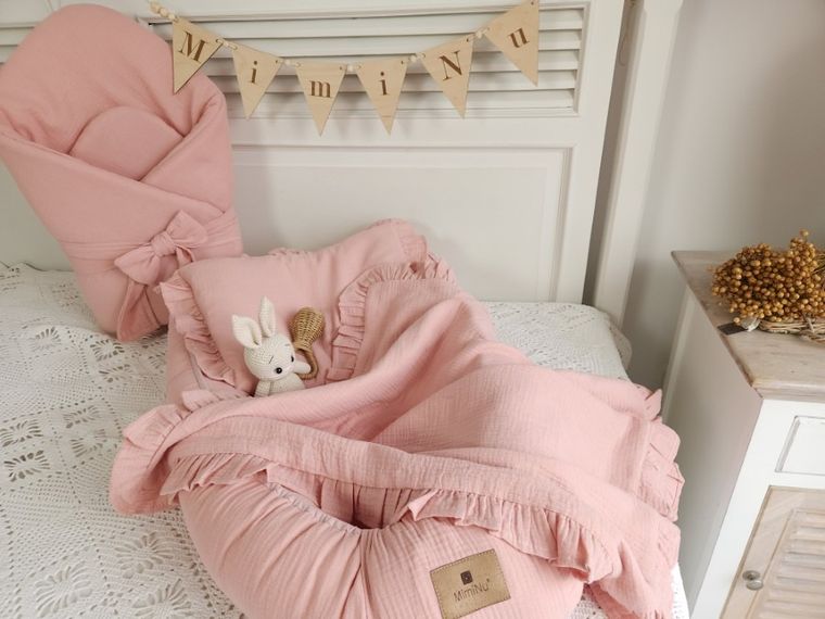 MimiNu, muślinowy kokon niemowlęcy, pudrowy róż
